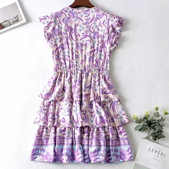 bohemian floral print v neck ruffle purple dress - Picture 7 of 16